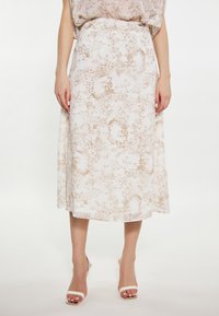 Weißer Midirock mit floralem Muster in hellem Gold. Verfügt über einen geraden Schnitt und weichen Stoff, mit einem elastischen Bund für zusätzlichen Komfort.