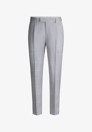 Light gray dress trousers with subtle windowpane check pattern, front pleats, belt loops, and tapered legs.