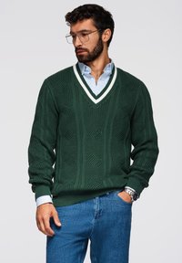 Maglione verde a maglia con scollo a V e bordi bianchi, caratterizzato da motivi testurizzati. Indossato sopra una camicia colletto azzurra e abbinato a jeans blu.