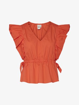 Top peplum de culoare portocalie vibrantă, cu decolteu în V, mâneci volan și brâu elastic. Prezintă detalii cu fundițe pe laterale.