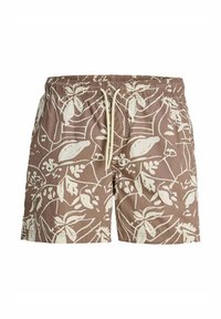 Pantaloni da bagno marroni con una stampa botanica bianca, dotati di una vita elastica, cordino e una vestibilità morbida per il massimo comfort.
