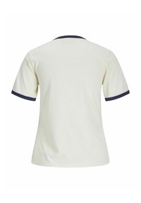 Witte t-shirt met korte mouwen met marineblauwe accenten op de kraag en mouwen. Het materiaal lijkt glad met een standaardpasvorm en geen patronen.