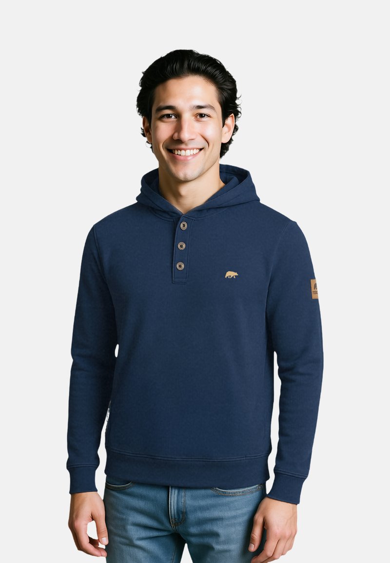 Navyblauwe hoodie van zachte stof, met een knoopsluiting, een berenlogo op de borst en geribde manchetten.