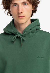 Felpa verde con cappuccio realizzata in tessuto morbido; presenta un cordoncino con punte in metallo e un logo ricamato sul petto.