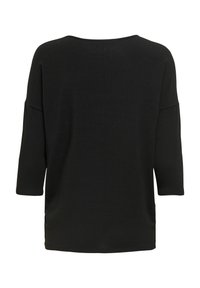 Black oversized top with three-quarter sleeves, smooth texture, rounded neckline, and side slits for ease of movement.