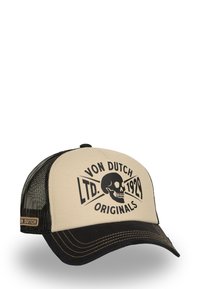 Casquette avec un devant beige, un dos en mesh noir et une visière courbée noire. Présente un graphique noir proéminent de crâne et le texte "VON DUTCH 1929".