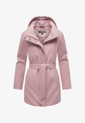 Light pink, belted coat with a hood, made from soft fabric. Features a zip closure, snap buttons, and side pockets.