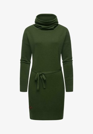 Roheline kudum dresses, millel on kaelus, pikad varrukad ja vöökoht, millel on lips. Omab tekstuurilise mustriga ja logo detailiga allservas.