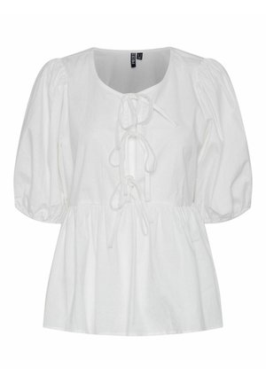 Blouse blanche à manches bouffantes en coton, présentant un col rond et un détail de lien à l'avant avec une taille froncée pour un ajustement décontracté.