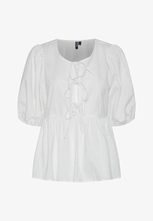 Bela bluzica s puf rukavima, narejena iz bombaža, z okroglim izrezom in detajlom z vezanjem spredaj ter z nabranim pasom za sproščen kroj.