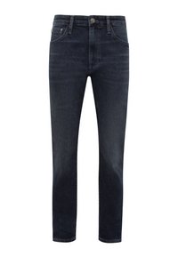 Dark blue denim jeans featuring a straight cut, five-pocket design, and five belt loops. The fabric has a smooth texture, with subtle fading.