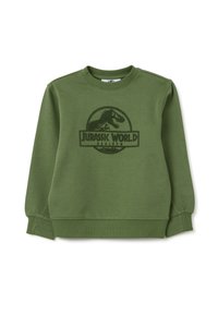 Groene sweatshirt met een donkergroene Jurassic World-logo print op de voorkant. Het heeft lange mouwen en een ronde halsline.
