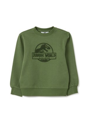Grüner Pullover mit einem dunkelgrünen Jurassic World-Logo-Design auf der Vorderseite. Er hat lange Ärmel und einen runden Halsausschnitt.