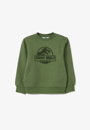 Grüner Pullover mit einem dunkelgrünen Jurassic World-Logo-Design auf der Vorderseite. Er hat lange Ärmel und einen runden Halsausschnitt.