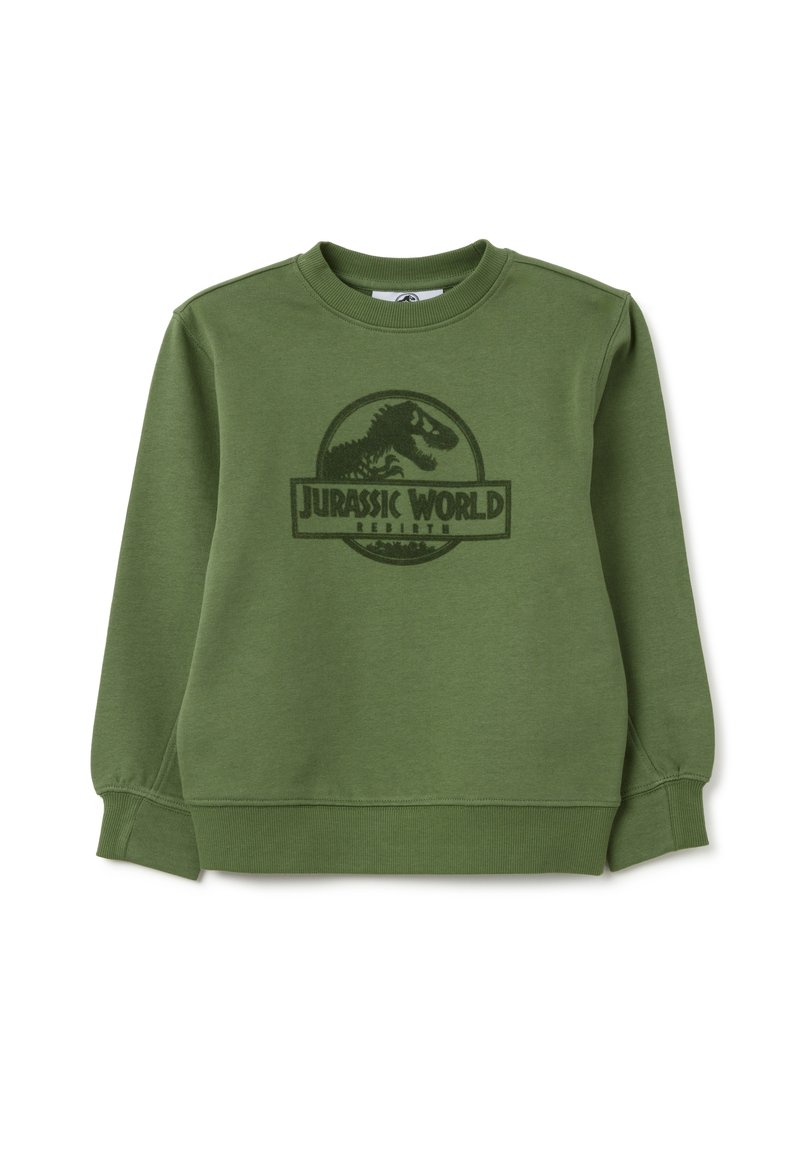 Groene sweatshirt met een donkergroene Jurassic World-logo print op de voorkant. Het heeft lange mouwen en een ronde halsline.