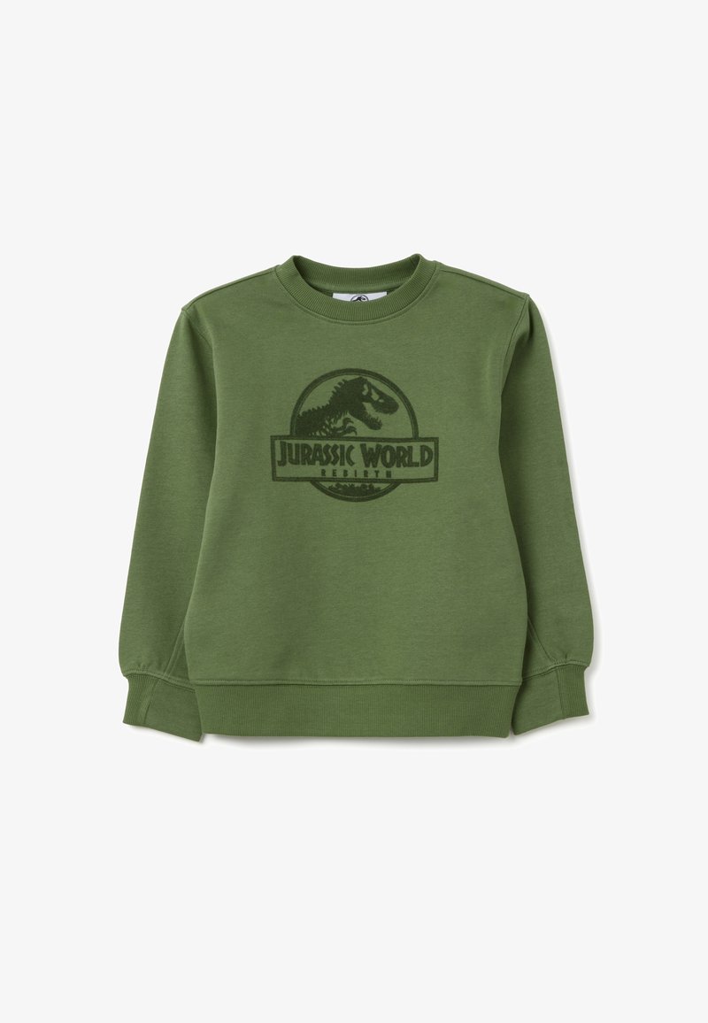 Sudadera verde con un gráfico de logo de Jurassic World en oscuras tonalidades de verde en la parte frontal. Tiene mangas largas y un cuello redondeado.