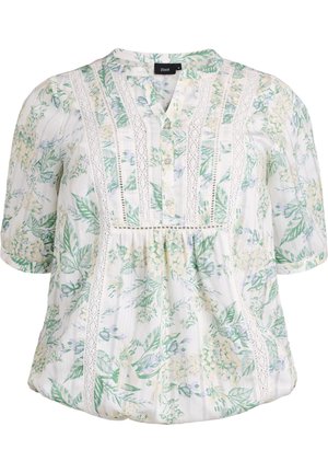 Witte blouse met groene en gele bloemenprint, korte pofmouwen, knopen aan de voorkant en verticale kanten panelen.
