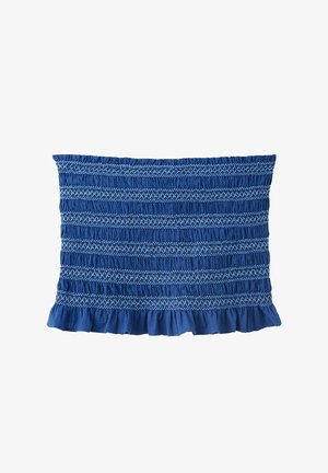 Niebieski top typu bandeau z marszczonego materiału z białym przeszyciem w zygzak i marszczonym dołem.