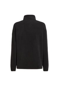 Giacchino a pullover in pile nero con colletto alto, maniche lunghe e una texture liscia. Presenta una cucitura sottile lungo la schiena.