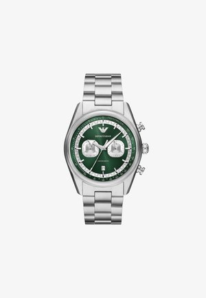 RVS chronograafhorloge met een groene wijzerplaat, zilveren sub-dials en tachymeterschaal, met een zilveren schakelarmband en datumweergave.