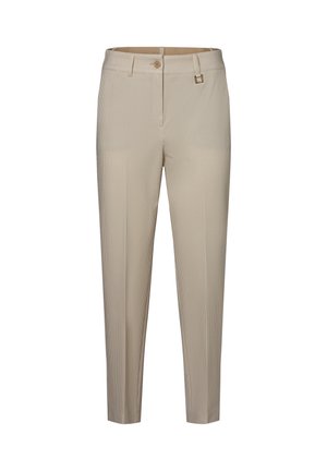 Light beige trousers with a subtle check pattern, tailored fit, straight legs, button and clasp closure, and side pockets.