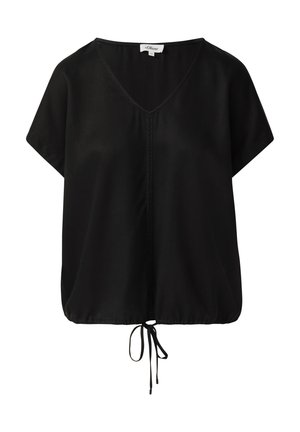 Schwarze Bluse mit kurzen Ärmeln und V-Ausschnitt, gerüschtem Saum und verstellbarem Bindeband für eine enge Passform, aus einem glatten, leichtem Stoff gefertigt.