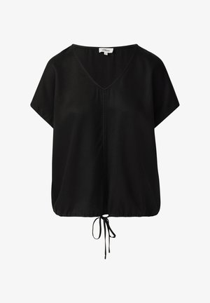 Schwarze Bluse mit kurzen Ärmeln und V-Ausschnitt, gerüschtem Saum und verstellbarem Bindeband für eine enge Passform, aus einem glatten, leichtem Stoff gefertigt.