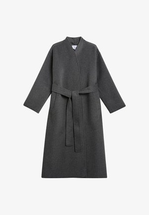 Dark gray long wool coat with wide sleeves and a fabric belt tied at the waist, featuring side pockets and a V-neck collar.