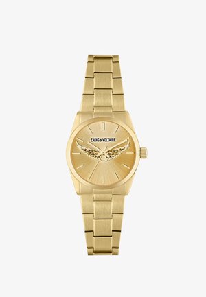 Zlaté kovové náramkové hodinky s propojeným náramkem, minimalistickým ciferníkem, designem křídel a logem "Zadig & Voltaire" na 12 hodin.