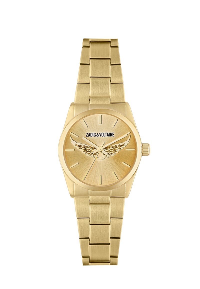 Zlaté kovové náramkové hodinky s prepojeným náramkom, minimalistický ciferník, dizajn krídla a logo "Zadig & Voltaire" na pozícii 12 hodín.