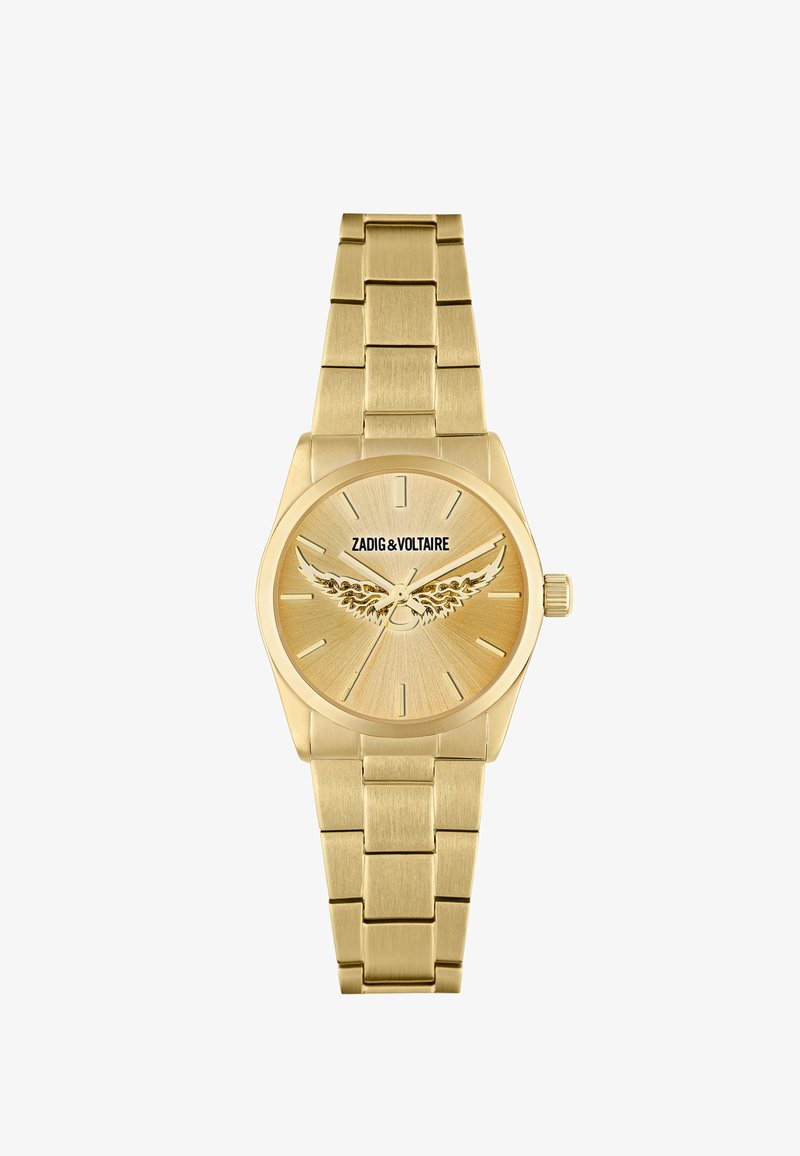 Zlaté kovové náramkové hodinky s prepojeným náramkom, minimalistický ciferník, dizajn krídla a logo "Zadig & Voltaire" na pozícii 12 hodín.