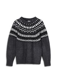 Maglione grigio lavorato a maglia con scollo rotondo e maniche lunghe. Presenta un motivo fair isle bianco e nero attorno al giogo. Texture morbida.