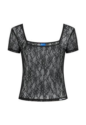 Μαύρο κοντομάνικο δαντελένιο τοπ με τετράγωνη λαιμόκοψη, ανθικό σχέδιο και ετικέτα Karl Lagerfeld Jeans στο κάτω μέρος, πάνω σε λευκό φόντο.