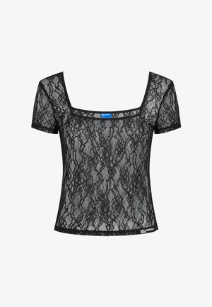 Sort kortærmet blonderbluse med firkantet halsudskæring, blomsterprint og Karl Lagerfeld Jeans-mærke ved kanten mod en hvid baggrund.