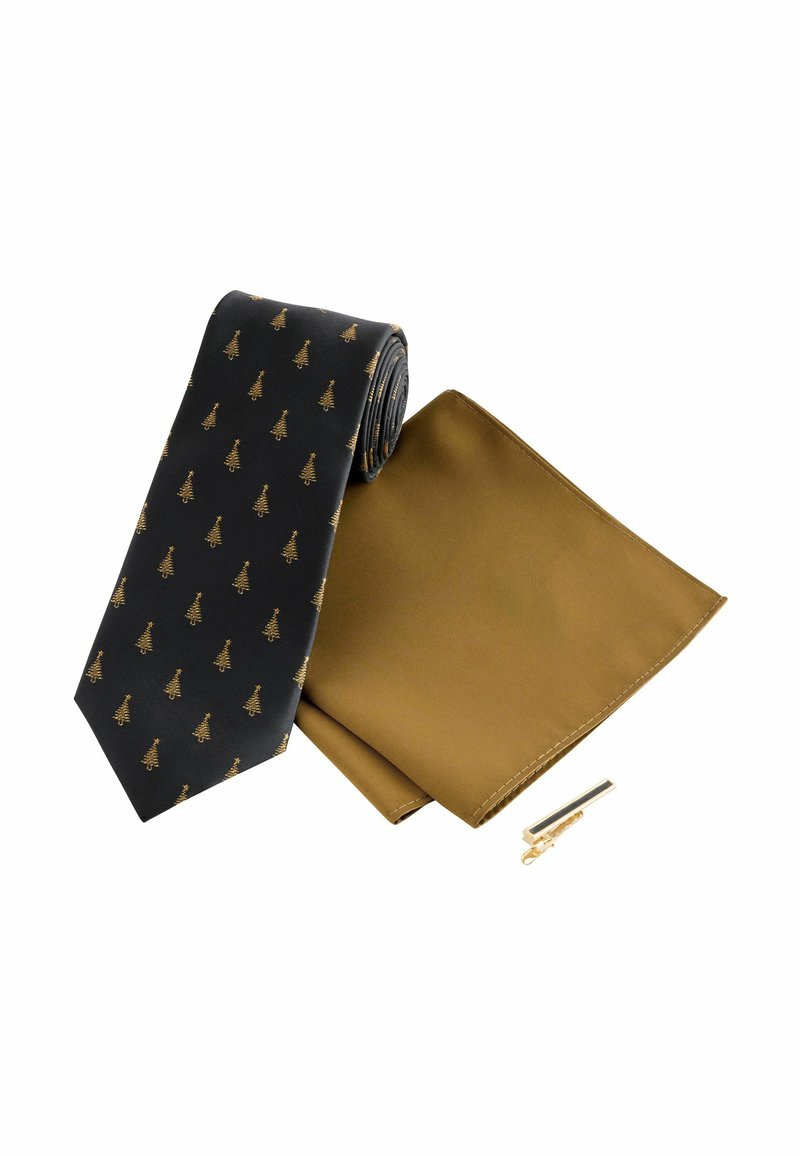 Melns tauriņš ar zelta koku rakstu, kombinēts ar vienkrāsainu zelta kabatas lakatiņu un zelta tauriņa saspraudi. Gluda auduma faktūra.