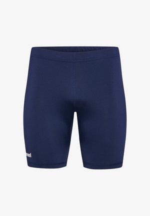 Navy blue swim shorts made of stretchy fabric with a fitted design, featuring a smooth texture and a logo printed on the lower left side.