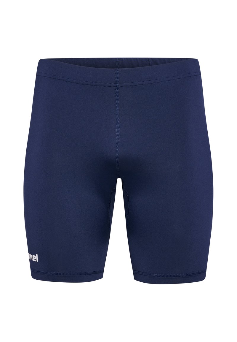 Marinblå badshorts i stretchigt tyg med en smal passform, som har en slät yta och en logotyp tryckt på nedre vänstra sidan.