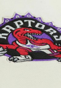 Logo der Toronto Raptors, gestickt in roten, schwarzen und lila Fäden auf einem cremefarbenen Hintergrund. Zeigt ein Dinosaurierdesign mit scharfen Zähnen und Klauen.