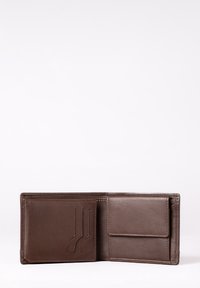 Brown leather wallet with a textured finish. Features three card slots and a flap pocket on the right side. Open layout design.