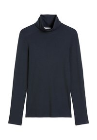 Marineblauw coltrui van een zachte, gladde stof. Heeft lange mouwen en een hoge, opgekrulde kraag zonder extra patronen of accenten.