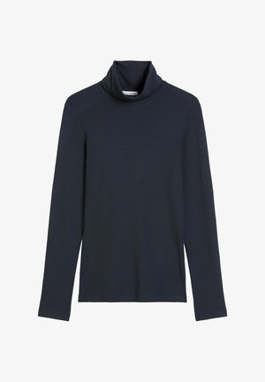 Chemise col roulé marine en tissu doux et lisse. Elle présente des manches longues et un col replié haut, sans motifs ni accents supplémentaires.