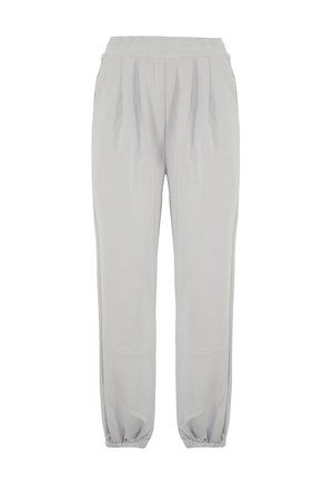 Pantaloni jogger grigio chiaro con cintura elastica arricciata, fronte plissettato e polsini elastici; realizzati in un morbido tessuto testurizzato.