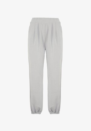 Pantaloni jogger grigio chiaro con cintura elastica arricciata, fronte plissettato e polsini elastici; realizzati in un morbido tessuto testurizzato.