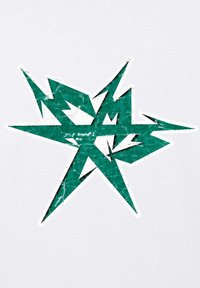 Graphique teal représentant une forme d'étoile abstraite avec des angles aigus et une texture usée, outline en blanc, sur un fond clair.