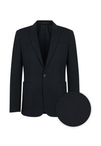 Czarna marynarka z pojedynczym guzikiem, klapami w jodełkę i dwoma przednimi kieszeniami. W komplecie z próbką dopasowanego textured materiału.