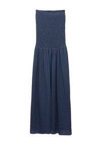 Marineblaues Kleid mit einem gerafften Oberteil und einem fließenden, r gathered Rock. Hergestellt aus einem leichten, strukturierten Stoff. Ohne Ärmel.