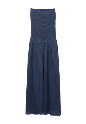 Mörkblå klänning med smockad liv och svängande, rynkad kjol. Tillverkad av ett lätt, texturerat tyg. Ingen ärm.