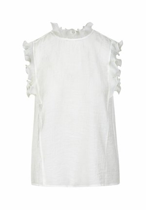 Blouse blanche sans manches en tissu texturé avec un col montant froncé et des emmanchures volantées.