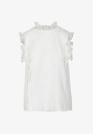 White sleeveless blouse with textured fabric and ruffled high neckline and armholes.
