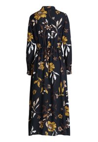 Blommig klänning med en mörk marinblå bakgrund och gula samt kremfärgade blommor, långa ärmar, krage och elastisk midja för en avslappnad passform.